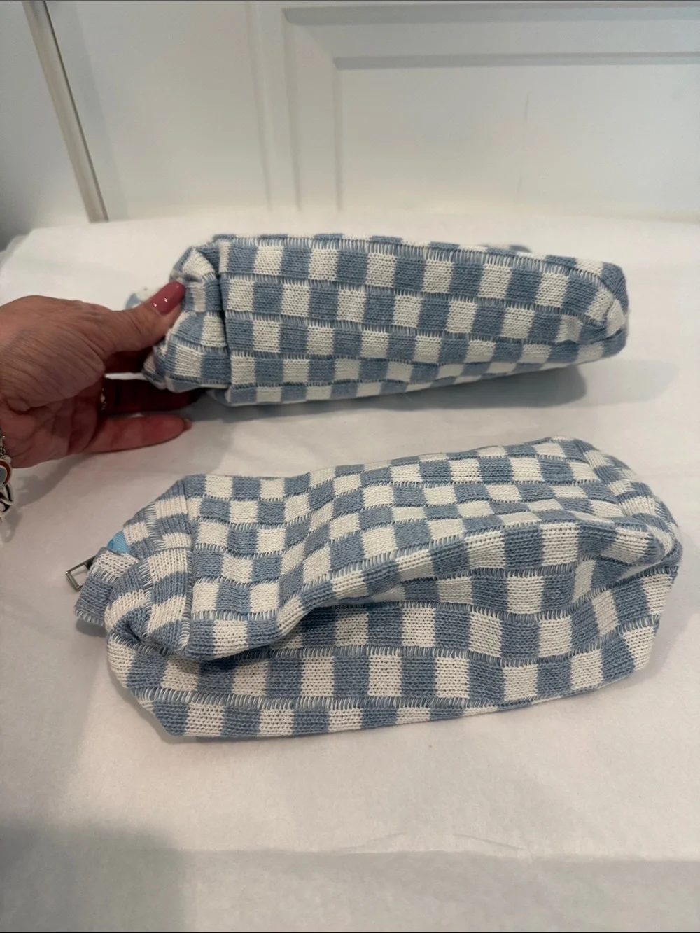 Blue and White Checker Knit Cosmetic Pouch Set
